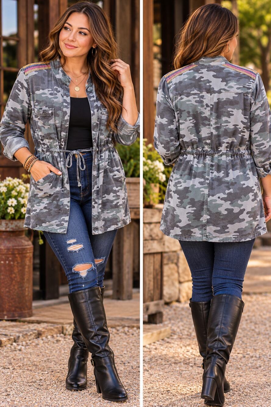 Knox Rose Camo Utility Jacket Medium Boho Embroidered Trim Drawstring Grunge